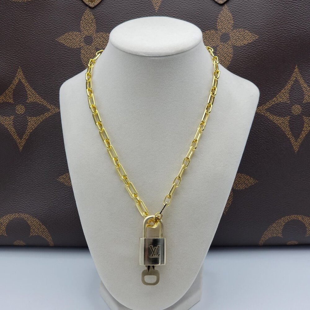 Authentic Louis Vuitton Gold Padlock w/Unbranded Stainless Steel Chain Necklace